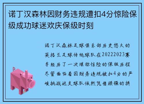 诺丁汉森林因财务违规遭扣4分惊险保级成功球迷欢庆保级时刻