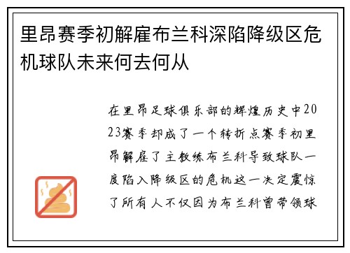 里昂赛季初解雇布兰科深陷降级区危机球队未来何去何从 里昂赛季初解雇布兰科深陷降级区危机球队未来何去何从